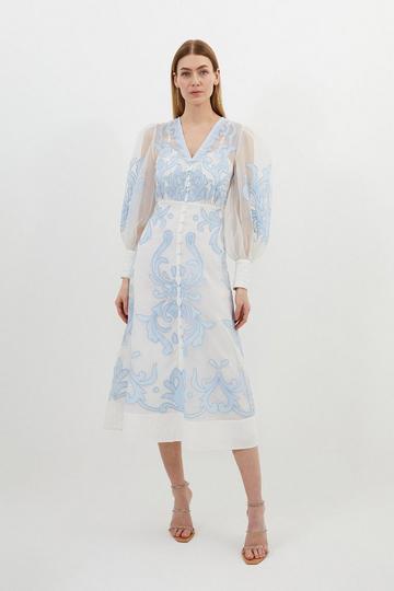 Blue Petite Applique Organdie Buttoned Woven Midi Dress